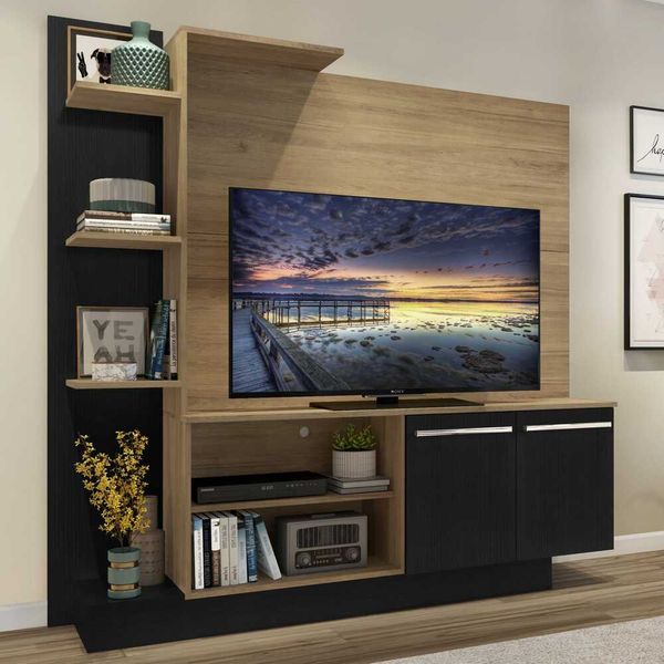 Estante com Painel TV 55" e 2 portas Denver Multimóveis Rustic/Preto