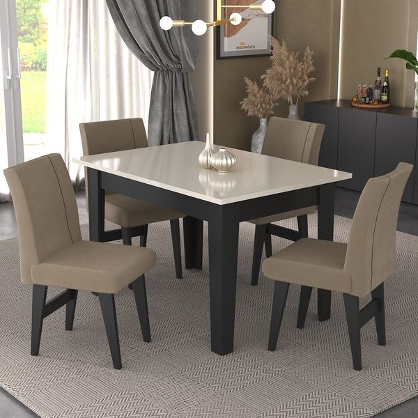 Conjunto Mesa de Jantar 120 cm com 4 Cadeiras Tokio Multimóveis EX1004 Preto/Off White/Mascavo
