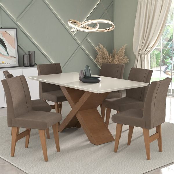 Conjunto Mesa de Jantar 160 cm com 6 cadeiras Lisboa Multimóveis EX1008 Madeirado/Off White/Castor