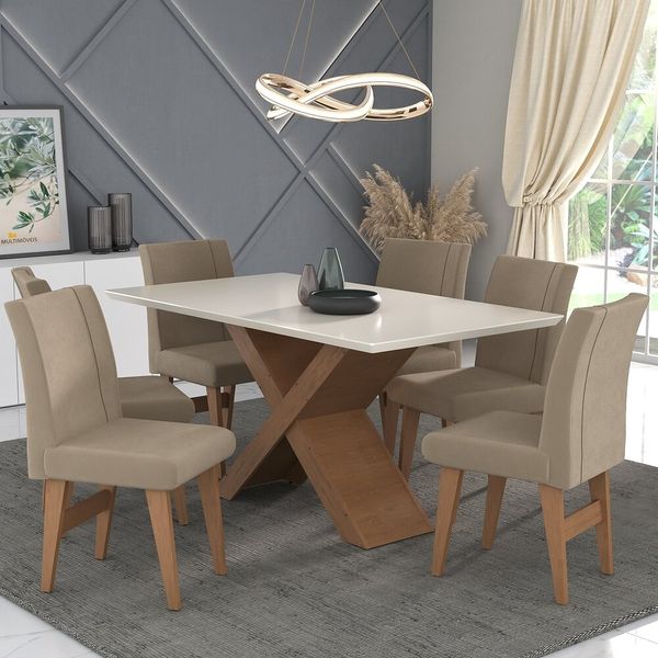 Conjunto Mesa de Jantar 160 cm com 6 cadeiras Lisboa Multimóveis EX1008 Madeirado/Off White/Mascavo