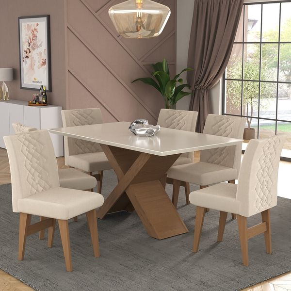 Conjunto Mesa de Jantar 160 cm com 6 cadeiras Moscou Multimóveis EX1009 Madeirado/Off White/Bege