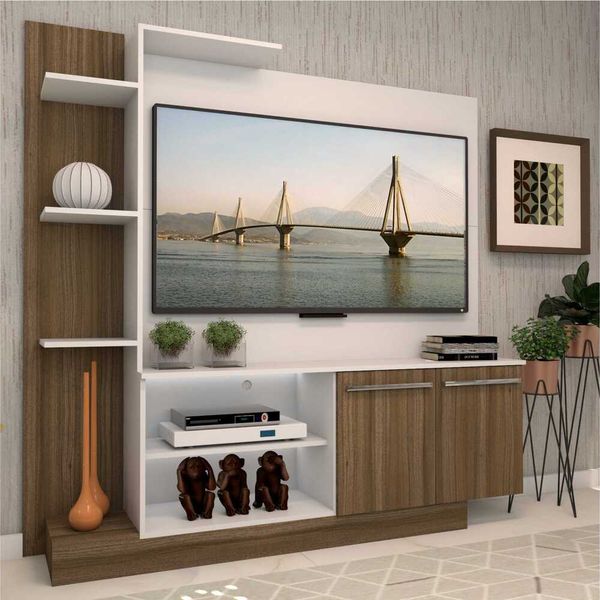 Estante com painel para TV até 55" e 2 portas Porto Multimóveis Branco/Madeirado