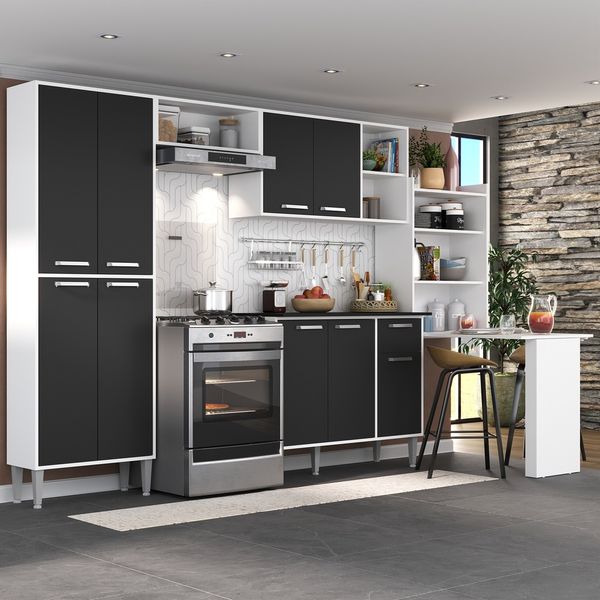 Armário de Cozinha Completa com Mesa Dobrável Siena Multimóveis MP2039 Branca/Preta