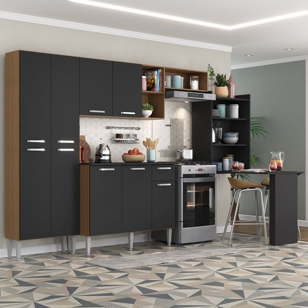 Armário de Cozinha Completa com Mesa Dobrável Paris Multimóveis MP2042 Madeirada/Preta