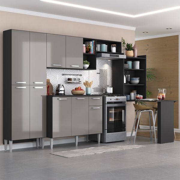 Armário de Cozinha Completa com Mesa Dobrável Paris Multimóveis MP2042 Preta/Lacca Fumê