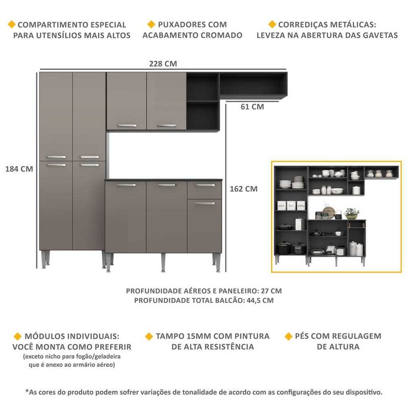 Armário de Cozinha Compacta Pequim UP Multimóveis com Balcão - Madeirado  com Preto