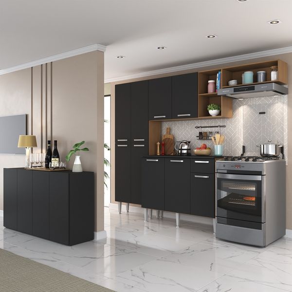Armário de Cozinha Completa com Buffet/Aparador Paris Multimóveis MP2043 Madeirada/Preta