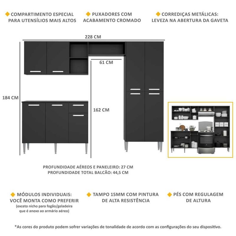 Armário de Cozinha Compacta Pequim UP Multimóveis com Balcão - Preto