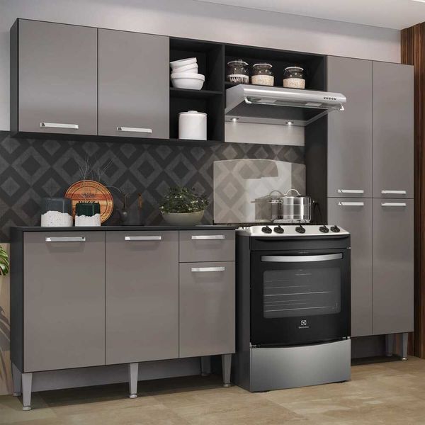 Armário de Cozinha Compacta com e Balcão com Tampo Pequim Up Multimóveis Preta/Lacca Fumê