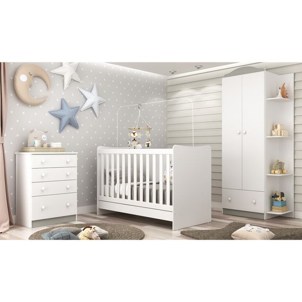 Quarto Infantil Completo João e Maria com berço 4 em 1 + colchão Multimóveis + Roupeiro e cômoda Bco