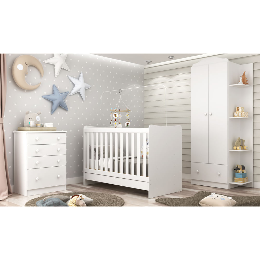 Encontraproduto.com.br - Quarto Infantil Completo João e Maria com berço 4 em 1 + colchão Multimóveis + Roupeiro e cômoda Bco