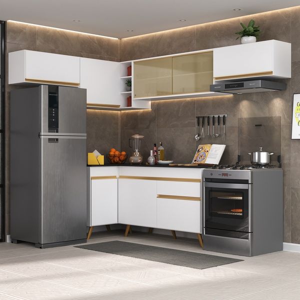 Armário de Cozinha Completa de Canto Veneza Multimóveis MP2060 e Balcão Branca