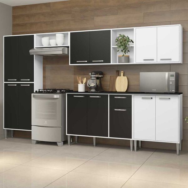 Armário de Cozinha Completa e Balcão com Tampo 6 pçs Xangai Jazz Multimóveis Branca/Preta