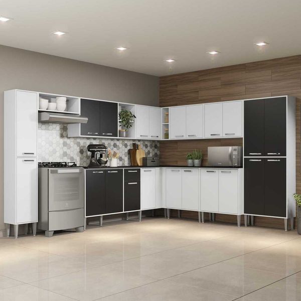 Armário de Cozinha Completa e Balcão com Tampo 11 peças Xangai Pop Multimóveis Branca/Preta
