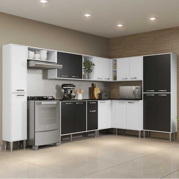 Armário de Cozinha Completa e Balcão com Tampo 9 peças Xangai Rock Multimóveis Branca/Preta