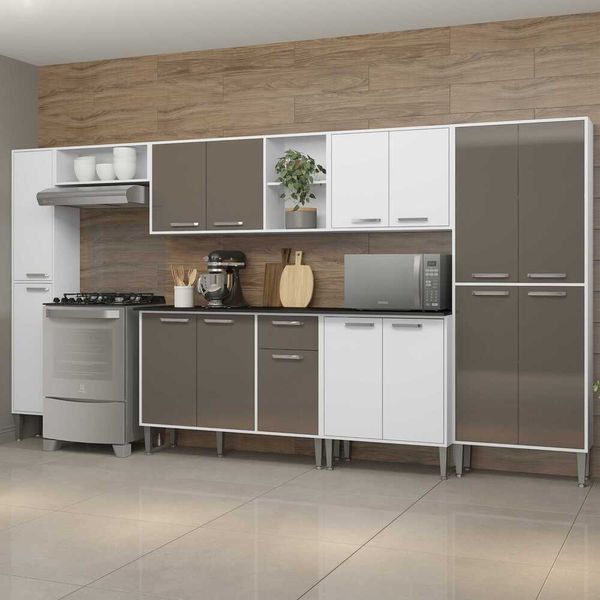Armário de Cozinha Completa e Balcão com Tampo 7 pçs Xangai Blues Multimóveis Bca/Lacca Fumê