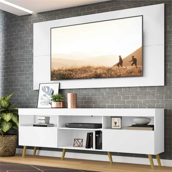 Rack c/ Painel p/ TV até 65" e Pés Retrô Flórida Multimóveis Branco/Natural