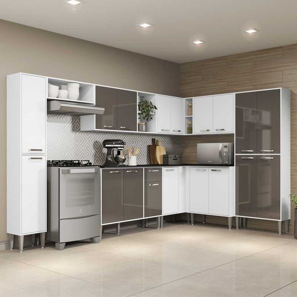 Armário de Cozinha Completa e Balcão com Tampo 9 peças Xangai Rock Multimóveis Branca/Lacca Fumê