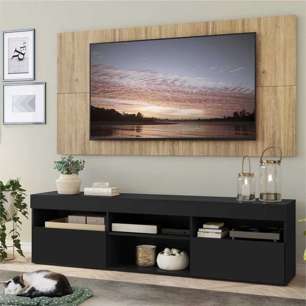 Rack com Painel e Suporte TV 65" com 2 portas Londres Multimóveis Preto/Rustic