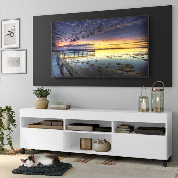 Rack com Painel e Suporte TV 65" com Rodízios e 2 portas Londres Multimóveis Branco/Preto