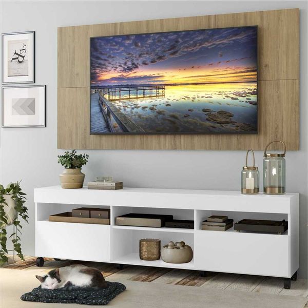 Rack com Painel e Suporte TV 65" com Rodízios e 2 portas Londres Multimóveis Branco/Rustic