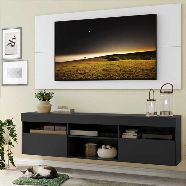 Rack com Painel e Suporte para TV até 65" Suspenso com 2 Portas Londres Multimóveis Preto/Branco