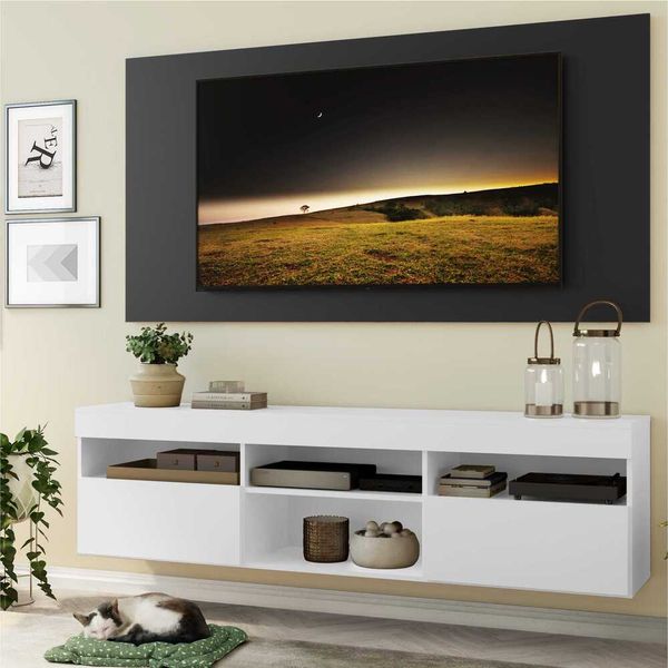 Rack com Painel e Suporte para TV até 65" Suspenso com 2 Portas Londres Multimóveis Branco/Preto