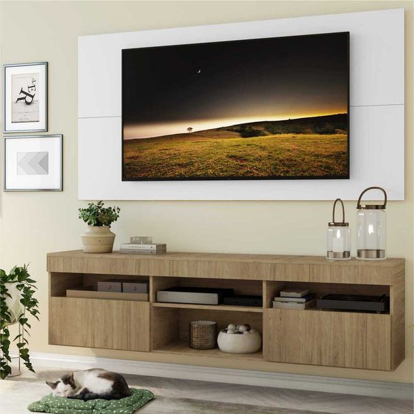 Rack com Painel e Suporte para TV até 65" Suspenso com 2 Portas Londres Multimóveis Rustic/Branco