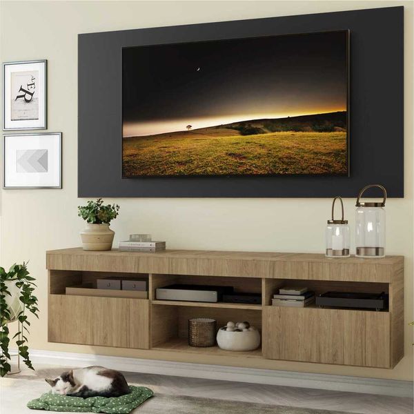 Rack com Painel e Suporte para TV até 65" Suspenso com 2 Portas Londres Multimóveis Rustic/Preto