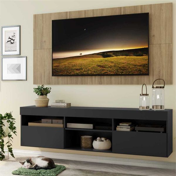 Rack com Painel e Suporte para TV até 65" Suspenso com 2 Portas Londres Multimóveis Preto/Rustic