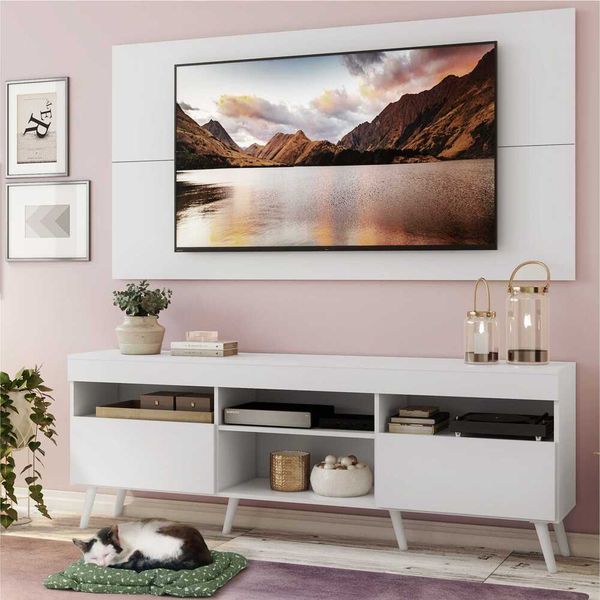 Rack com Painel e Suporte para TV até 65" Pés Retrô com 2 Portas Londres Multimóveis Branco