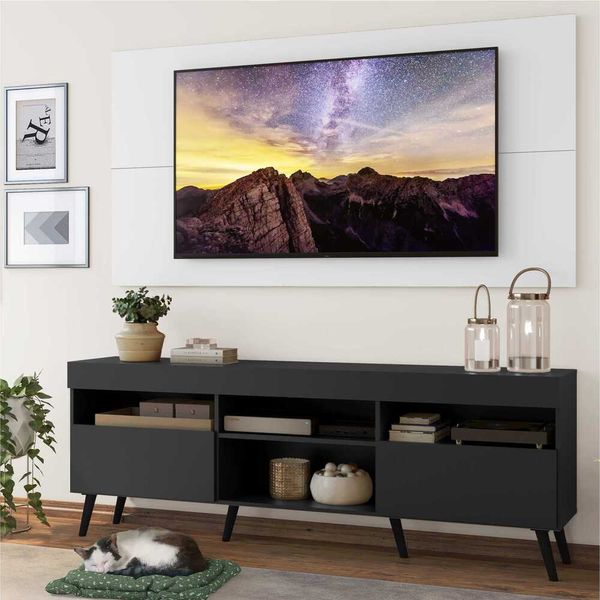 Rack com Painel e Suporte TV 65" Londres Multimóveis Pés Retrô e 2 portas Preto/Branco/Preto