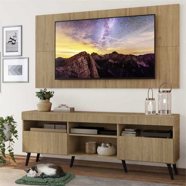 Rack com Painel e Suporte TV 65" Londres Multimóveis Pés Retrô e 2 portas Rustic/Preto