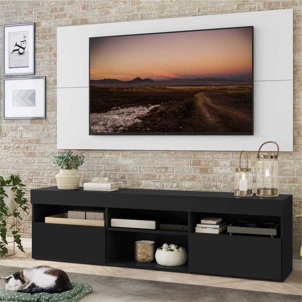 Rack com Painel TV 65" com 2 portas Londres Multimóveis Preto/Branco