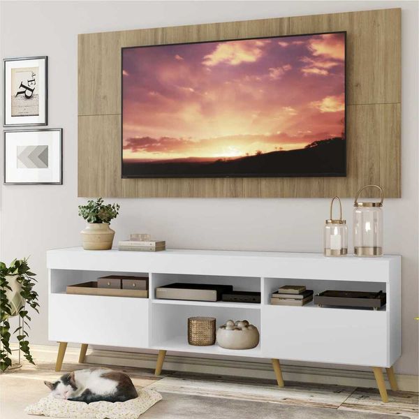 Rack com Painel e Suporte TV 65" Londres Multimóveis Pés Retrô e 2 portas Branco/Rustic/Natural