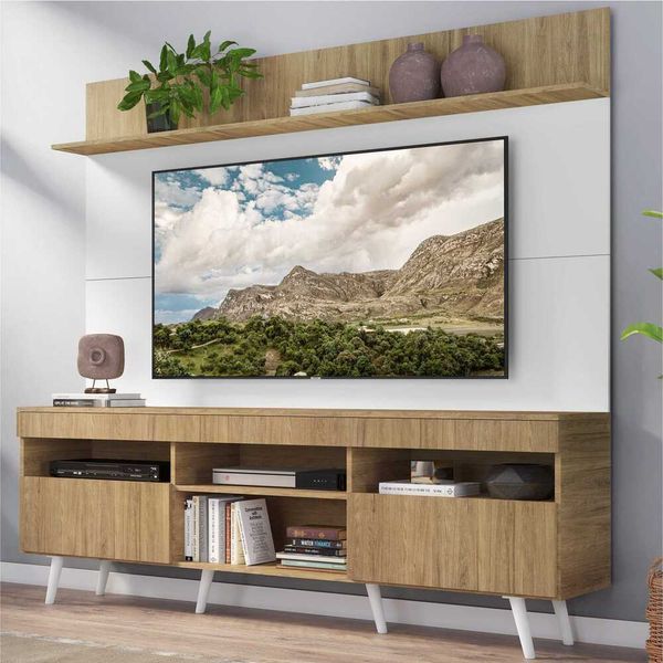 Rack com Painel TV 65" Madri Multimóveis Rustic/Branco com Prateleira e Pés Retrô Branco