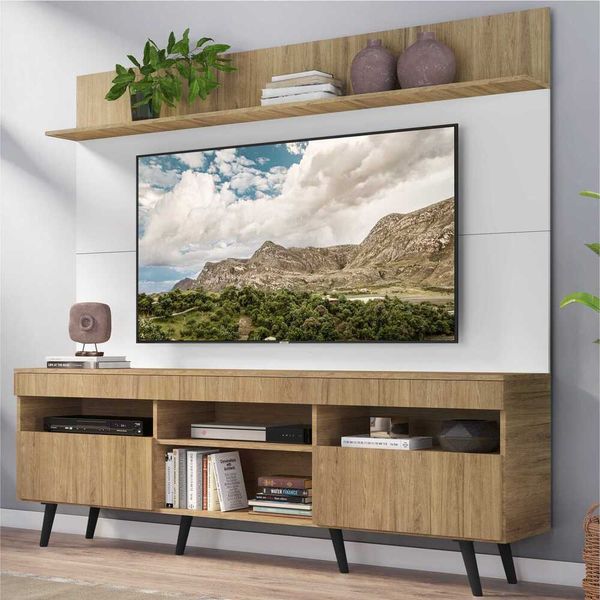 Rack com Painel TV 65" Madri Multimóveis Rustic/Branco com Prateleira e Pés Retrô Preto