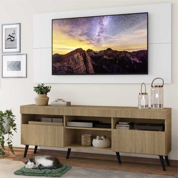 Rack com Painel e Suporte TV 65" Londres Multimóveis Pés Retrô e 2 portas Rustic/Branco/Preto