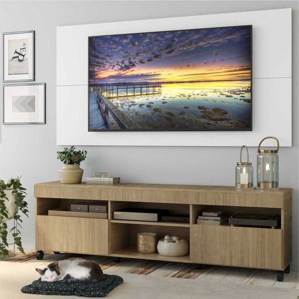 Rack com Painel TV 65" com Rodízios e 2 portas Londres Multimóveis Rustic/Branco