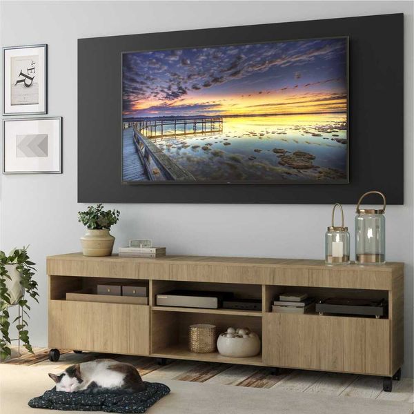 Rack com Painel TV 65" com Rodízios e 2 portas Londres Multimóveis Rustic/Preto