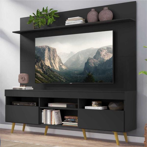 Rack com Painel e Suporte TV 65" Madri Multimóveis Pés Retrô e Prateleira Preto/Natural