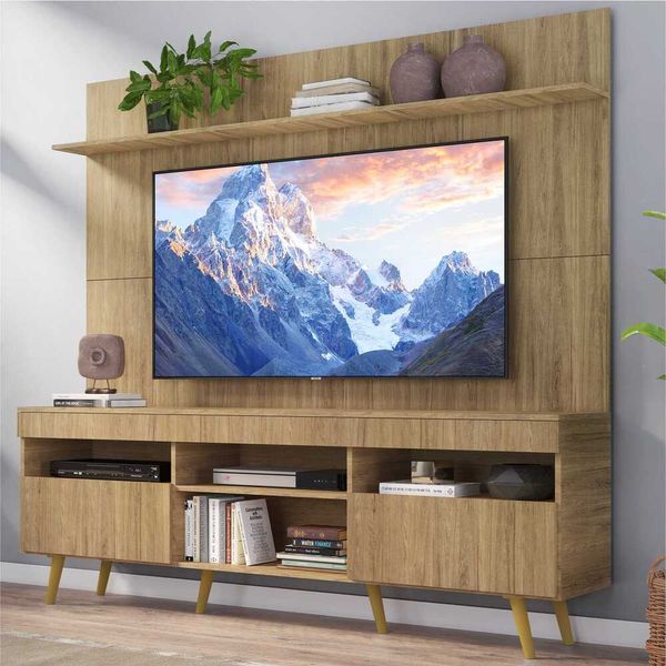 Rack com Painel e Suporte TV 65" Madri Multimóveis Rustic com Prateleira e Pés Retrô Natural