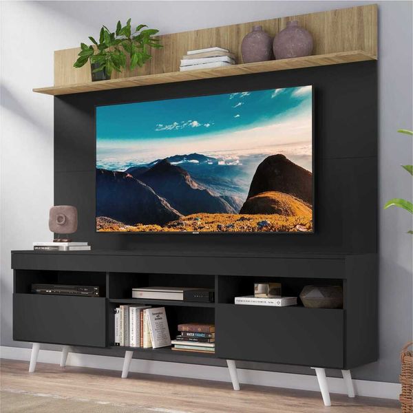 Rack com Painel e Suporte TV 65" Madri Multimóveis MP3374.565 Preto/Rustic com Prateleira e Pés Retrô Branco