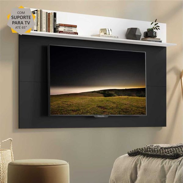 Painel com Suporte para TV até 65" e Prateleira Amsterdã Plus Multimóveis Preto/Branco