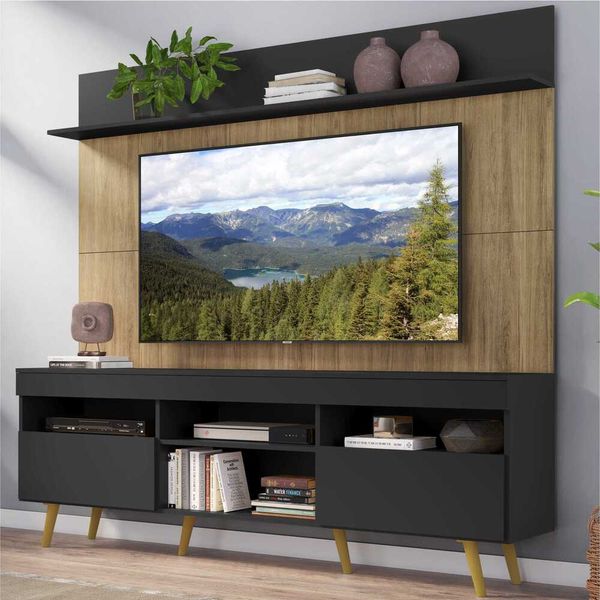 Rack com Painel e Suporte TV 65" Madri Multimóveis MP3374.581 Preto/Rustic com Prateleira e Pés Retrô Natural