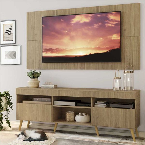 Rack com Painel TV 65" Londres Multimóveis Pés Retrô e 2 portas Rustic/Natural