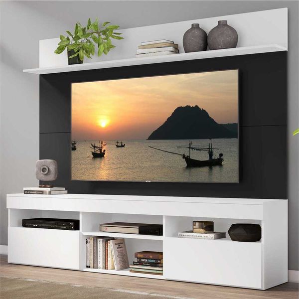 Rack com Painel TV 65" Madri Multimóveis e Prateleira Branco/Preto