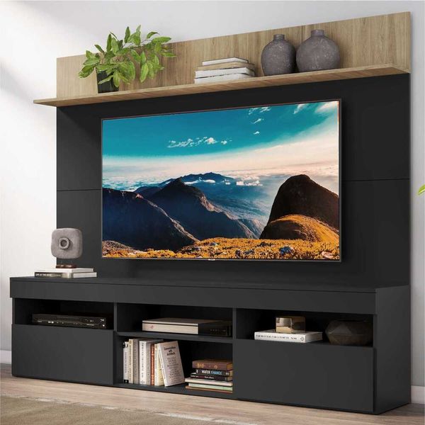 Rack com Painel TV 65" Madri Multimóveis e Prateleira Preto/Rustic