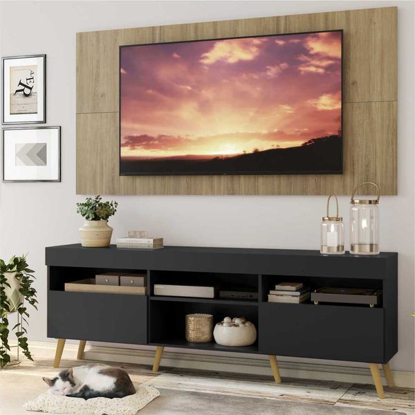 Rack com Painel TV 65" Londres Multimóveis Pés Retrô e 2 portas Preto/Rustic/Natural