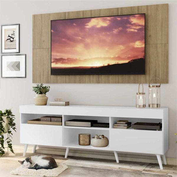 Rack com Painel TV 65" Londres Multimóveis Pés Retrô e 2 portas Branco/Rustic/Branco